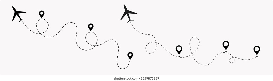 Airplane dotted route line. Path travel line shape. Flight route with start point and dash line trace for plane