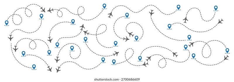 Linha de rota pontilhada do avião. Forma da linha de viagem do caminho. Rota de voo com ponto inicial e traço de linha traço para plano