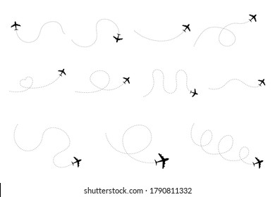 Airplane dotted route line set. Flight tourism route path.  Airplane line path vector icon of air plane flight route with start point and dash line trace