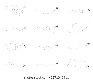 Airplane dotted route line set. Air plane flight route. Vector illustration.