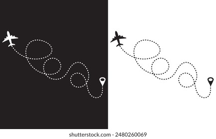 Conjunto de líneas de ruta punteadas de avión. Formas de línea de recorrido de trazado. Ruta de vuelo con punto inicial y trazo de línea de guiones para el plano aislado sobre fondo blanco y negro. EPS 10