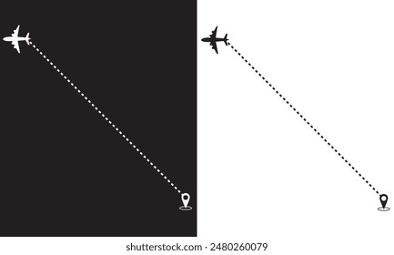 Airplane dotted route line set. Path travel line shapes. Flight route with start point and dash line trace for plane isolated on white and black background. EPS 10