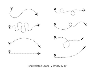 Airplane dotted route line set. Path travel line shapes. Flight route with start point and dash line trace for plane