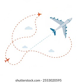 Airplane dotted route line set. Path travel line shapes. Flight route with start point and dash line trace for plane. Vector illustration with background white.