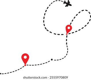 Airplane dotted route line set. Path travel line shapes. Flight route with start point and dash line trace for plane