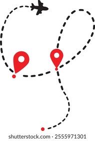 Airplane dotted route line set. Path travel line shapes. Flight route with start point and dash line trace for plane