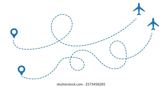 Airplane dotted route line set. Path travel line shapes. Flight route with start point and dash line trace for plane