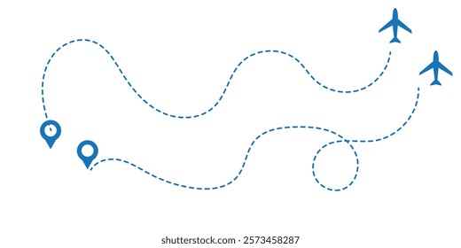 Airplane dotted route line set. Path travel line shapes. Flight route with start point and dash line trace for plane