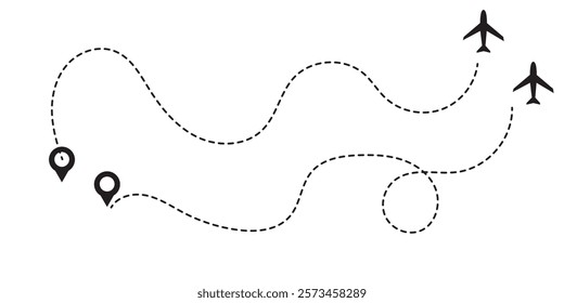 Airplane dotted route line set. Path travel line shapes. Flight route with start point and dash line trace for plane