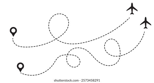 Airplane dotted route line set. Path travel line shapes. Flight route with start point and dash line trace for plane