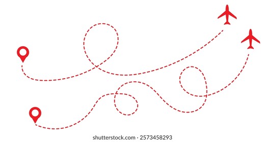 Airplane dotted route line set. Path travel line shapes. Flight route with start point and dash line trace for plane