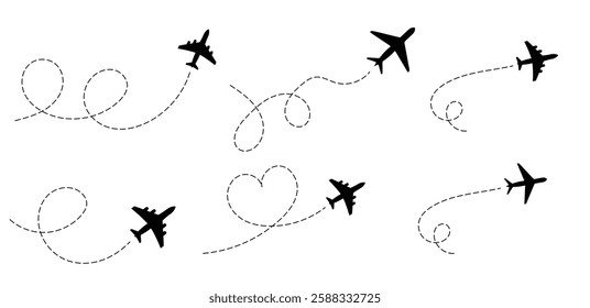 Airplane dotted route line set. Path travel line shapes. vector eps10.