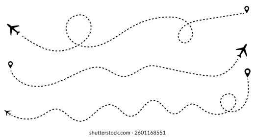 Airplane dotted route line set. Path travel line shapes. Flight route with start point and dash line trace for plane
