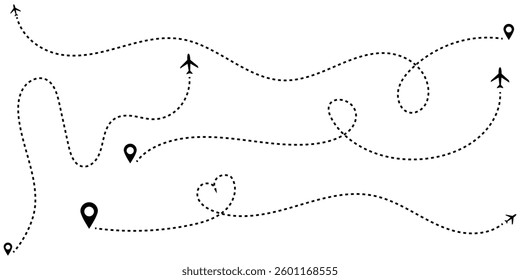 Airplane dotted route line set. Path travel line shapes. Flight route with start point and dash line trace for plane