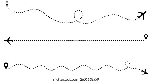 Airplane dotted route line set. Path travel line shapes. Flight route with start point and dash line trace for plane