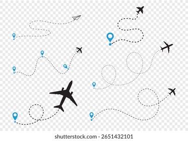 Jeu de lignes aériennes à pointillés. Formes de ligne de trajet. Itinéraire de vol avec point de départ et trace de ligne de trait pour avion