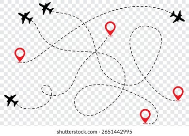 Conjunto de linhas de rota pontilhadas do avião. Design de estilo plano de trajeto de linha tracejada do avião isolado no plano de fundo branco. ícone plano siga do ponto de início do pino para terminar por linha tracejada. Voo de rastreamento de rota de avião