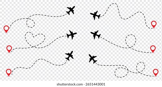 Conjunto de linhas de rota pontilhadas do avião. Design de estilo plano de trajeto de linha tracejada do avião isolado no plano de fundo branco. ícone plano siga do ponto de início do pino para terminar por linha tracejada. Voo de rastreamento de rota de avião