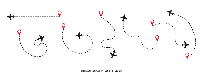 Gepunktete Flugroute. Pfadverlaufslinien-Shapes. Flugroute mit Startpunkt und Strichlinienverlauf für Flugzeug