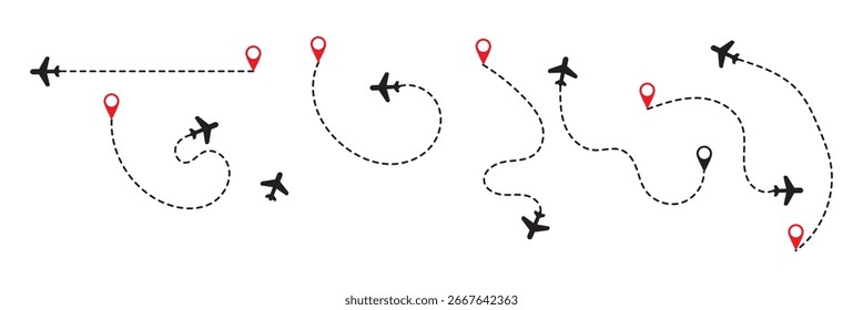 Gepunktete Flugroute. Pfadverlaufslinien-Shapes. Flugroute mit Startpunkt und Strichlinienverlauf für Flugzeug