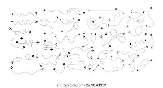 Airplane dotted route line set travel vector icons with flight path, location pins and start point trace.