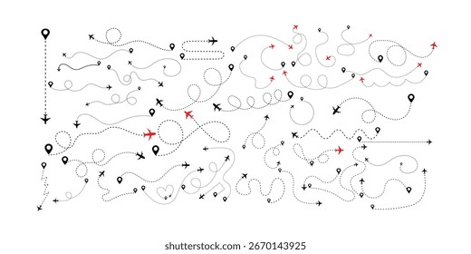 Airplane dotted route line set travel vector icons with flight path, location pins and start point trace.