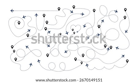 Airplane dotted route line set. Path travel line shapes. Flight route with start point and dash line trace for plane.
