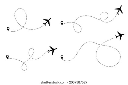 Airplane dotted route line the way airplane. Flying with a dashed line from the starting point and along the path