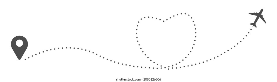 Airplane dotted route line the way airplane in gray. Flying with a dashed line from the starting point and along the path. Airplane route in heart shape. Romantic travel. EPS10.