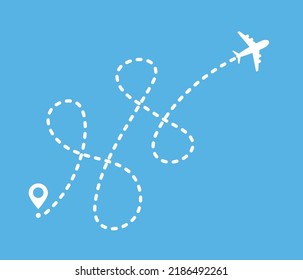 Airplane dotted route line way. Flying with a dashed line from the starting point and along the path