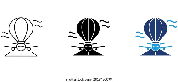 Airplane drag chute braking icon set on airport runway. Concept for military aircraft deceleration, parachute brake system, emergency landing safety, and aviation technology.