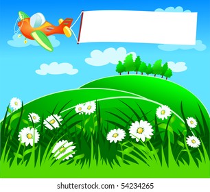 An airplane dragging a banner flying over the white flower meadows, vector