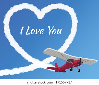 Airplane drawing a cloudy love on the clear sky background