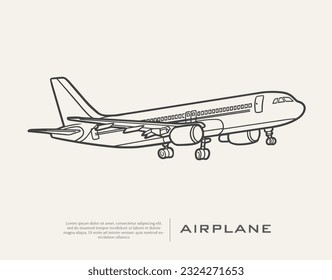 Airplane of drawing ink sketch. Airplane poster minimalist. Airplane Vector Line Illustrator. Passenger airplane vector drawing isolated on white background. 