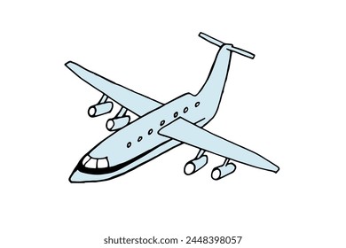 Airplane drawn by hand. Vector doodle illustration of air transport. Single sketch of passenger airplane isolated on white background.