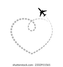 Airplane drew the heart. Airplane route in dotted line shape. Flying  plane isolated sign on white background. Travel concept. Vector illustration