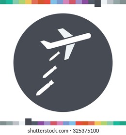 Airplane dropping bombs icon.
