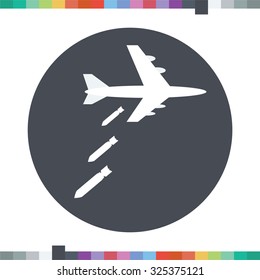 Airplane dropping bombs icon.