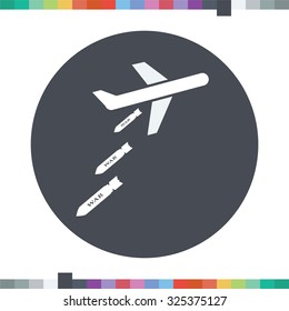 Airplane dropping bombs icon.