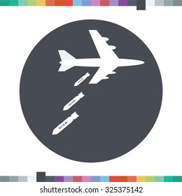Airplane dropping bombs icon.