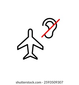 Airplane and ear crossed. Quiet flight, no in-flight announcements. Hearing-impaired travel accessibility. Pixel perfect, editable stroke vector icon