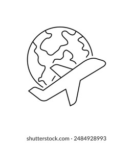 Airplane with earth globe. International flight icon line style isolated on white background. Vector illustration