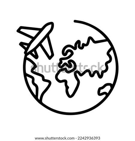 Airplane with earth outlined vector icon. Fly transport vector symbol.