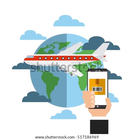 airplane with earth planet and human hand holding a smartphone device.export and import colorful design. vector illustration