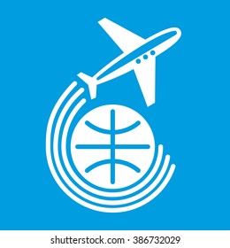 Airplane and Earth. Trip around the world. Travel icon on blue background. Vector illustration.