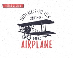 Airplane Emblem. Biplane Label. Retro Plane Badges, Design Elements. Vintage Prints For T Shirt. Aviation Stamp. Air Tour Logo. Travel Logotype. Isolated On White Textured Background. Vector
