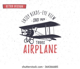 Airplane emblem. Biplane label. Retro Plane badges, design elements. Vintage prints for t shirt. Aviation stamp. Air tour logo. Travel logotype. Isolated on white textured background. Vector