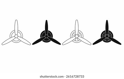 Airplane Engine Blade Symbols in Outline,silhouette and Solid Style.3 blade plane Propeller icon set in outline and solid styles. Perfect for aviation, aircraft engines, wind turbine, and mechanical. 