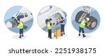 Airplane Engineer Technician Aircraft Jobs Concept Maintenance  and Repair Service Small Jet engine Flight illustration isometric isolated vector