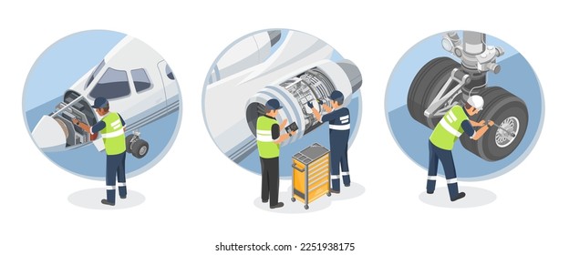 Airplane Engineer Technician Aircraft Jobs Concept Maintenance  and Repair Service Small Jet engine Flight illustration isometric isolated vector
